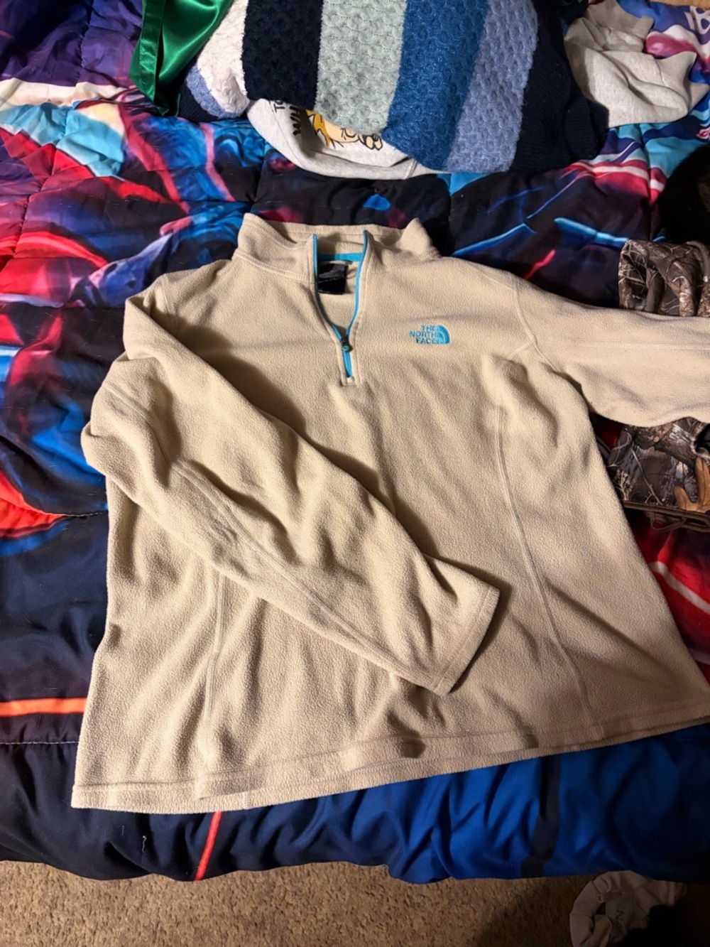 The North Face Beige Fleece Pullover with Turquoise Logo